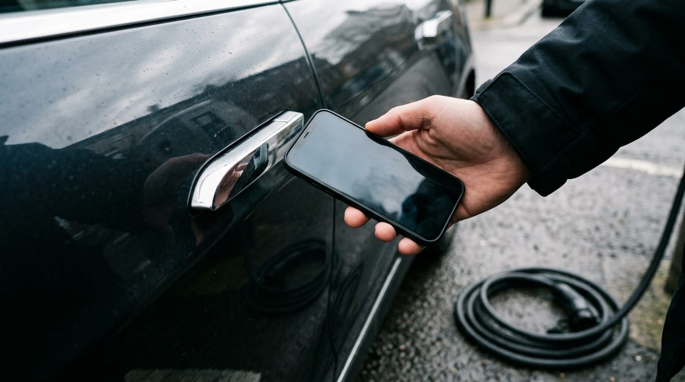 Déverrouillage d'une berline électrique par clé numérique sur smartphone, câble de recharge au sol