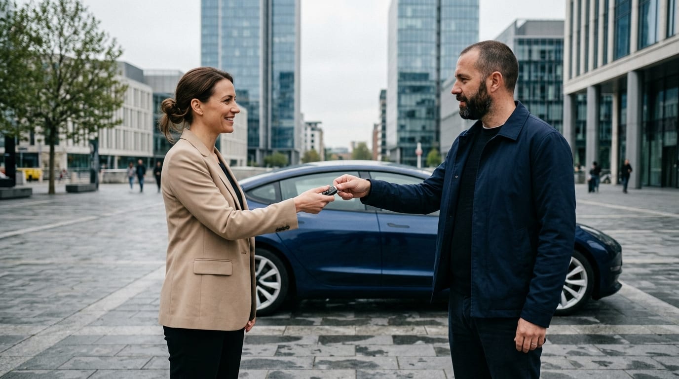 Remise des clés d'une berline électrique à une locataire sur une esplanade de bureaux en Île-de-France
